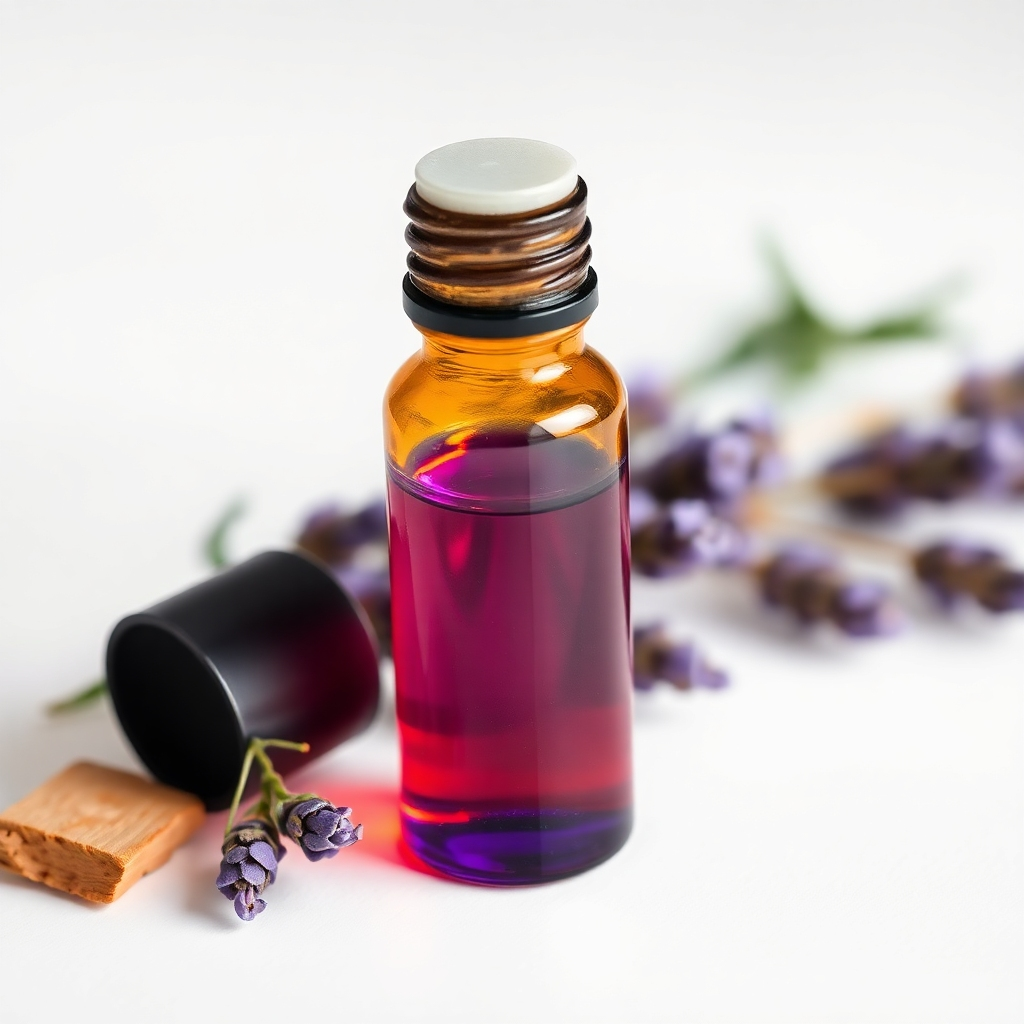 A close-up shot of a glass amber roll-on bottle filled with a purple-hued essential oil blend.  The bottle is on a white background, next to a few sprigs of lavender and a small piece of sandalwood. The lighting is soft and natural, highlighting the texture of the glass and the oil inside. The image should evoke a feeling of calm and serenity.