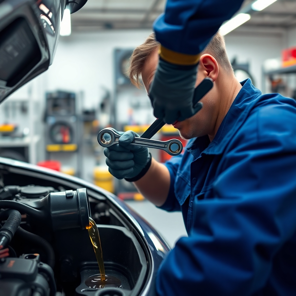 A close-up shot of a mechanic using a wrench to change the oil in a car. The mechanic is wearing a uniform and gloves. The oil is flowing into a drain pan. The background is a clean and well-lit garage with tools and equipment.