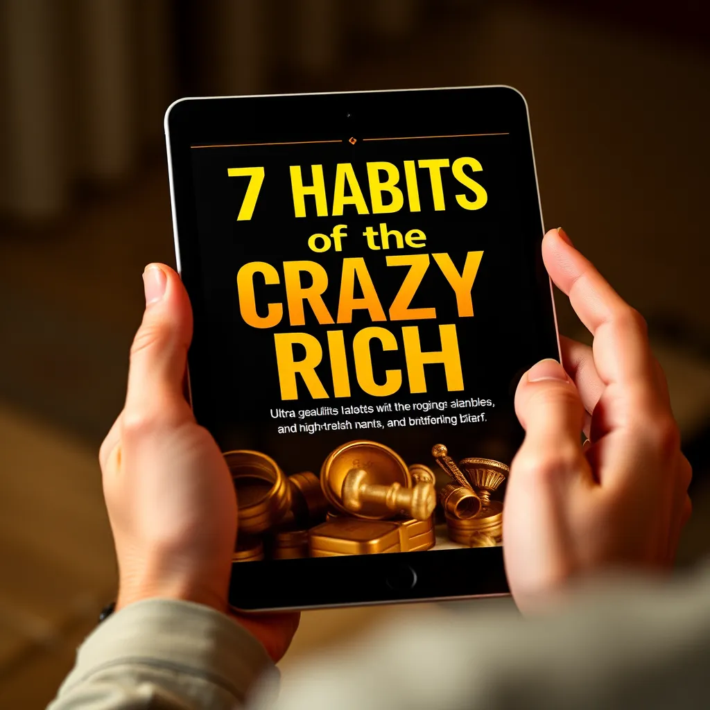 A close-up shot of a person holding a tablet, showcasing the cover of an eBook titled "7 Habits of the CRAZY Rich." The cover features a luxurious, modern design with bold fonts and a high-quality image, capturing the essence of the book's content. The image should also highlight the eBook's title, author name, and a brief, engaging blurb.