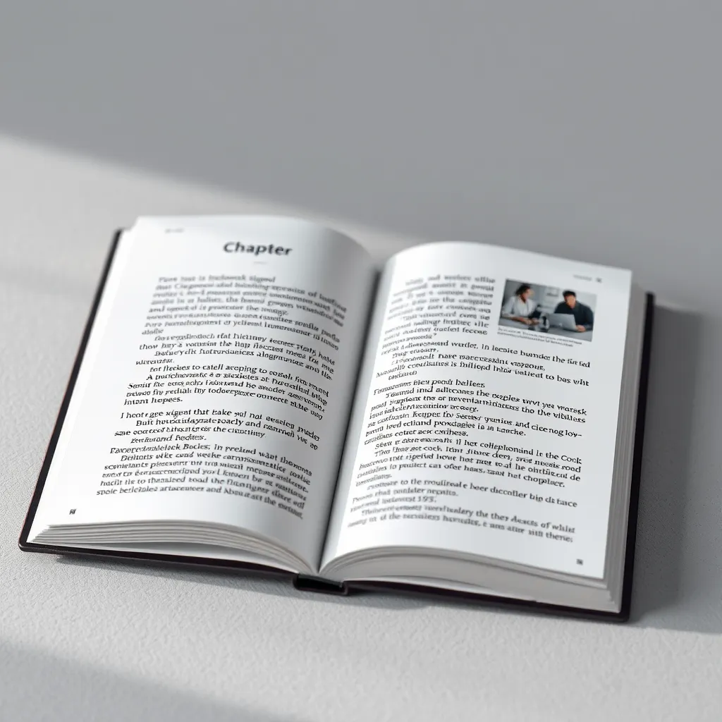 A close-up shot of an open eBook with a stylish cover featuring a modern, minimalist design. The eBook is open to a chapter page with clear headings, subheadings, and well-spaced paragraphs. The text is set in a legible font with high-quality images and charts interspersed throughout. The overall aesthetic is clean, professional, and engaging. The lighting is soft and natural, highlighting the text and graphics. The background is a subtle, textured gradient that complements the design without distracting from the content. Rendered in hyperrealistic detail, showcasing the crispness of the text and the richness of the images. Capture the image in an 8K resolution, emphasizing the intricate details and high-quality presentation of the eBook.