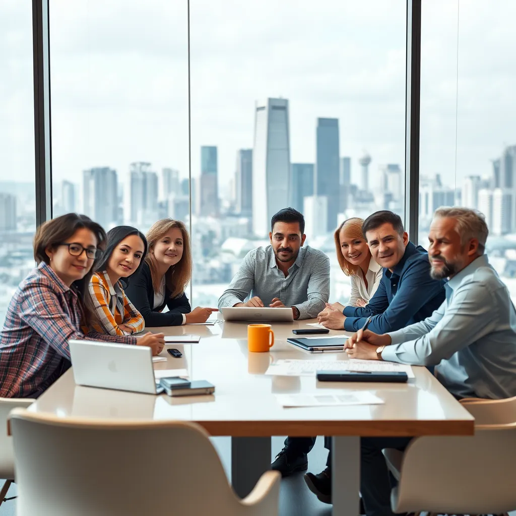 A diverse group of people, young and old, sitting around a table in a modern office, brainstorming business ideas and looking determined.  The background should show a cityscape with skyscrapers in the distance, symbolizing ambition and potential for growth.