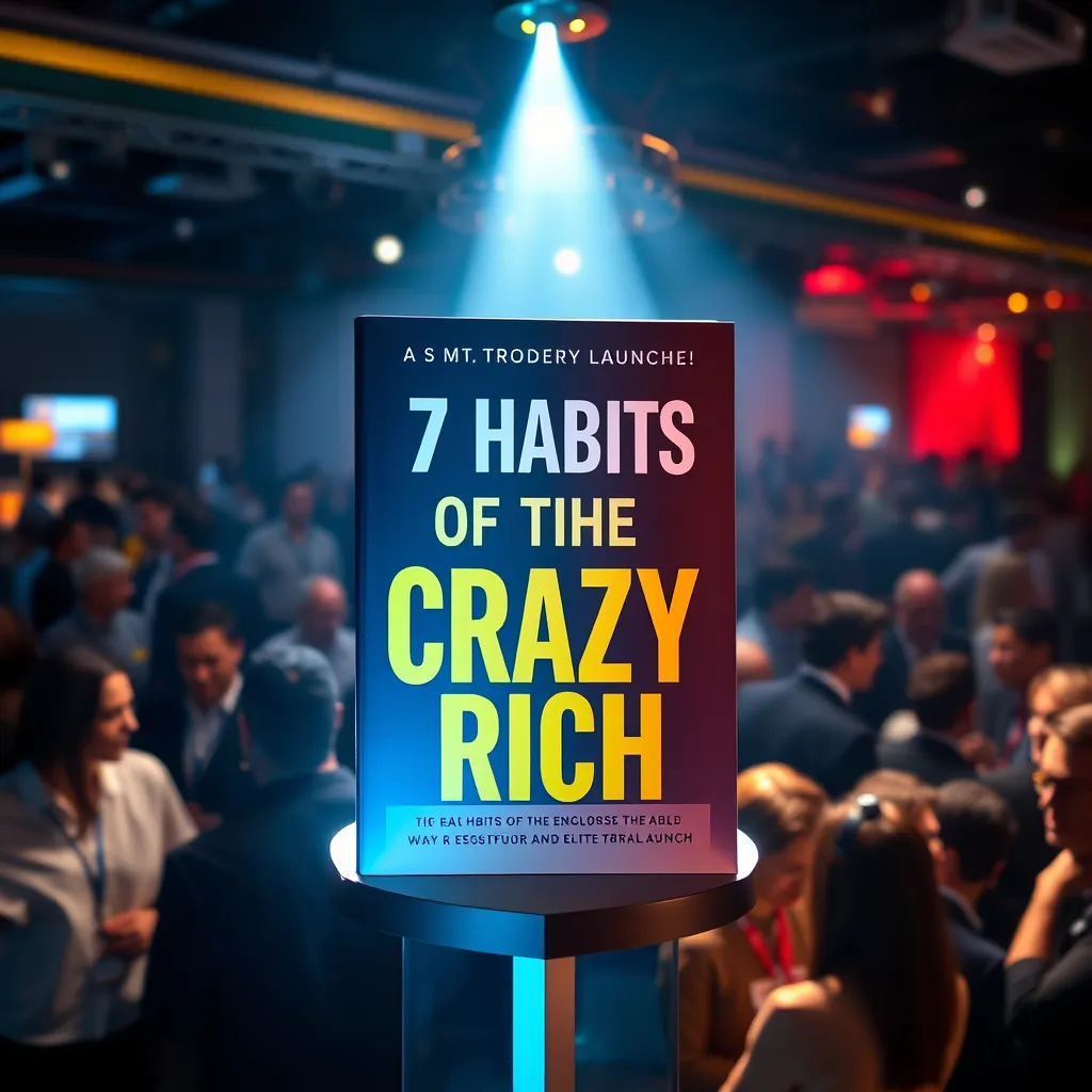A grand launch event for "7 Habits of the CRAZY Rich" eBook, featuring a spotlight shining on the cover. In the background, people are networking and engaged in conversations, showcasing the excitement and buzz surrounding the launch. The image should be vibrant and depict the celebratory atmosphere of a successful launch.