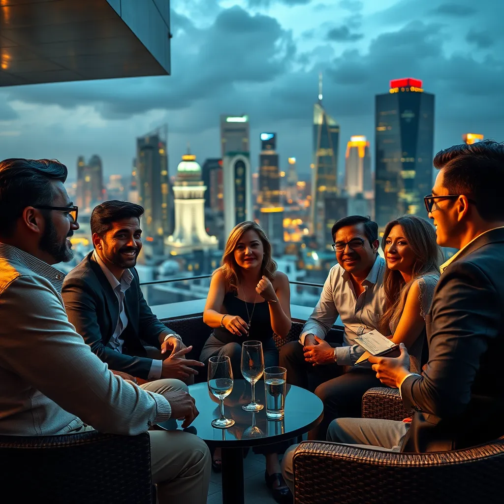 A group of diverse individuals, all looking successful and confident, discussing financial concepts and strategies at a luxurious rooftop lounge overlooking a cityscape. The image should convey a sense of sophistication, knowledge, and financial mastery.