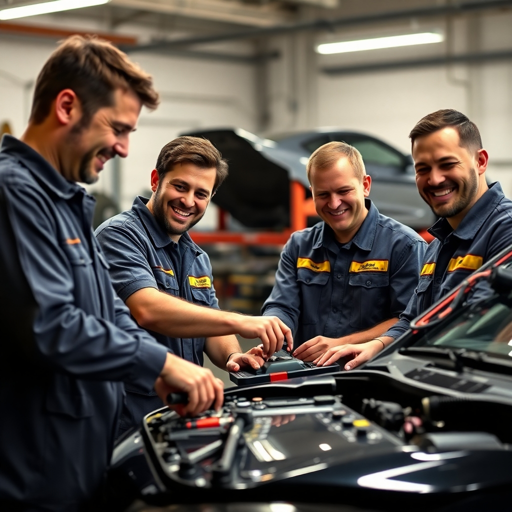 A group of friendly mechanics, wearing uniforms and smiling, working together on a car in a well-lit garage. The mechanics are using various tools and equipment, showcasing their expertise. The image should convey a sense of trust, professionalism, and teamwork.