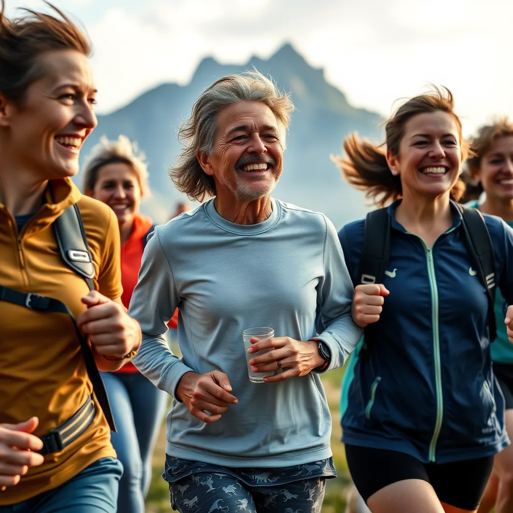 A group of people of different ages and backgrounds engaging in outdoor activities like hiking, running, and playing sports, with smiling faces and vibrant energy, demonstrating the power of nature and movement.