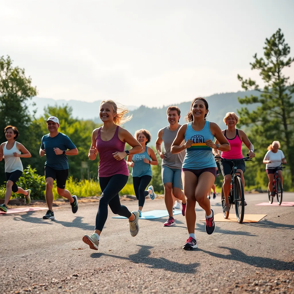 A group of people of diverse ages and backgrounds enjoying a variety of outdoor activities, such as running, yoga, swimming, and cycling. The image should depict a sense of joy, energy, and connection with nature. The environment should be beautiful and inspiring, showcasing the positive impact of exercise on physical and mental well-being.