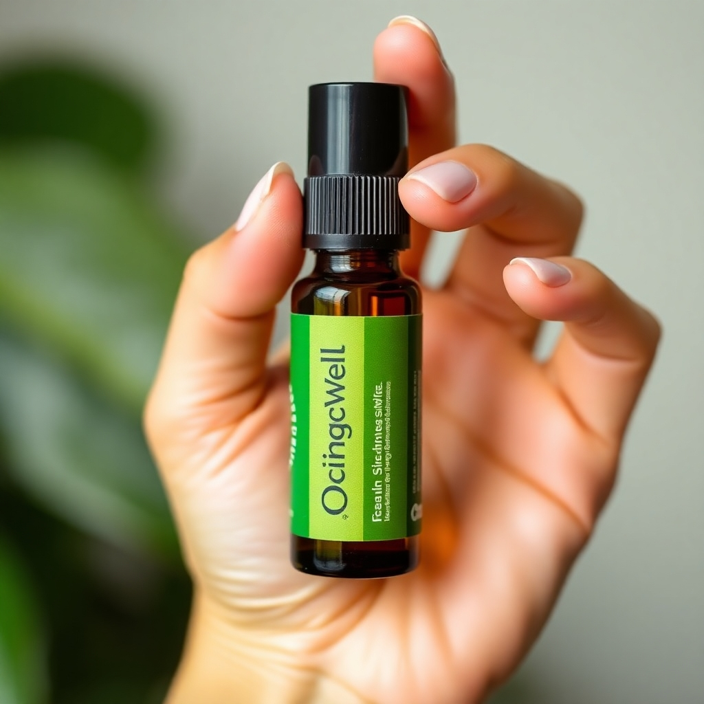 A person gently rolling an essential oil roller bottle onto their temple. The background should be a calming, neutral color. The image should focus on the act of applying the oil, highlighting the ease and precision of the rollerball applicator.  High-quality, detailed image with soft lighting.