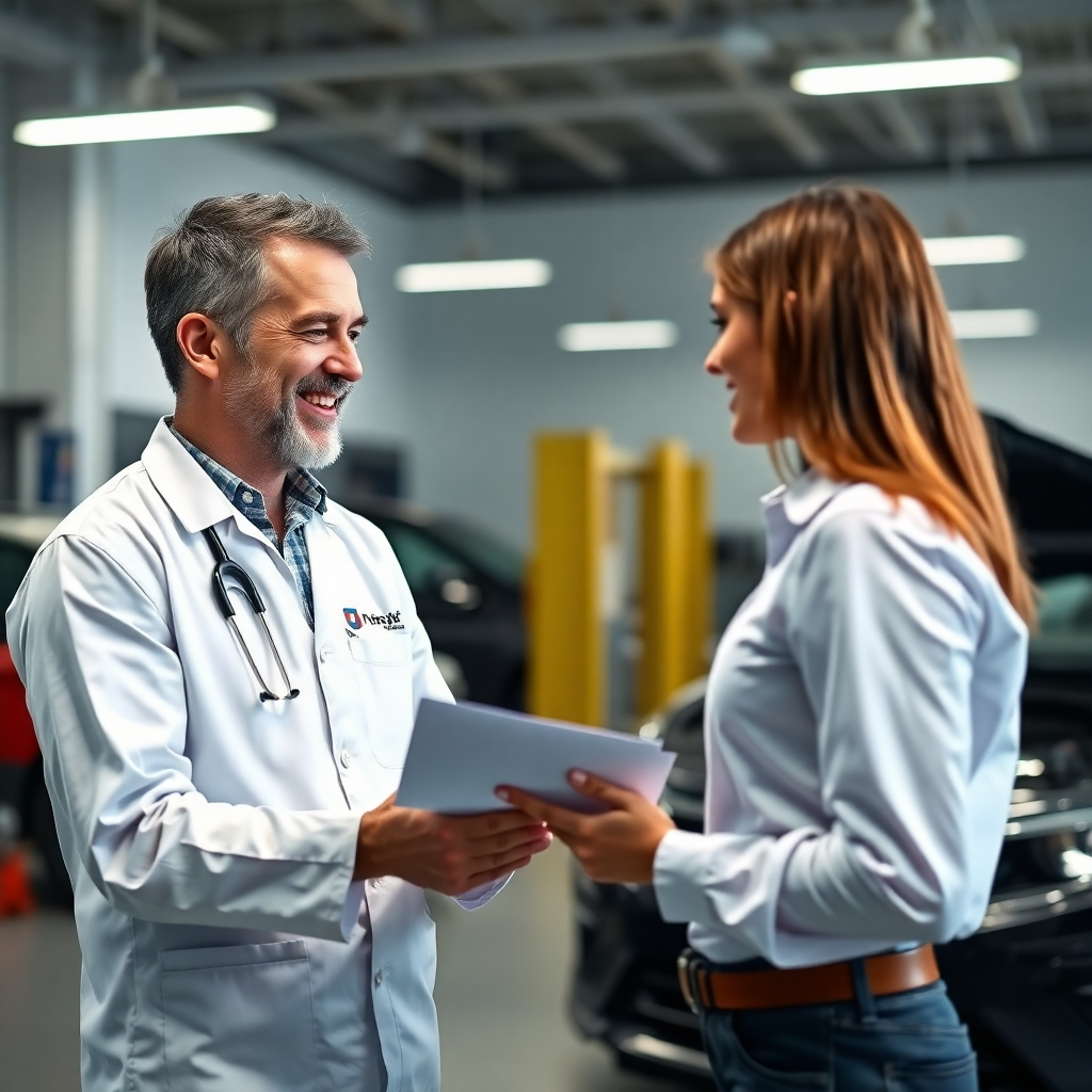 A happy customer interacting with a service advisor in a clean and modern auto service center. The service advisor is explaining the repair process and providing a quote, while the customer smiles and nods. The image should convey a sense of trust, professionalism, and customer satisfaction.