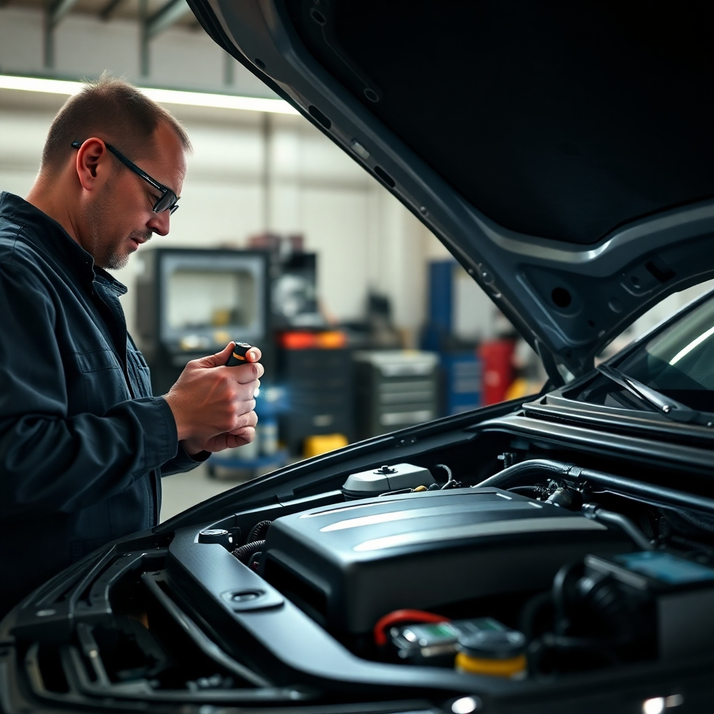 A mechanic is inspecting a car engine with a flashlight. The engine is clean and well-maintained. There are tools and equipment visible in the background. The garage is well-lit and spacious. The mechanic is wearing a uniform and safety glasses.