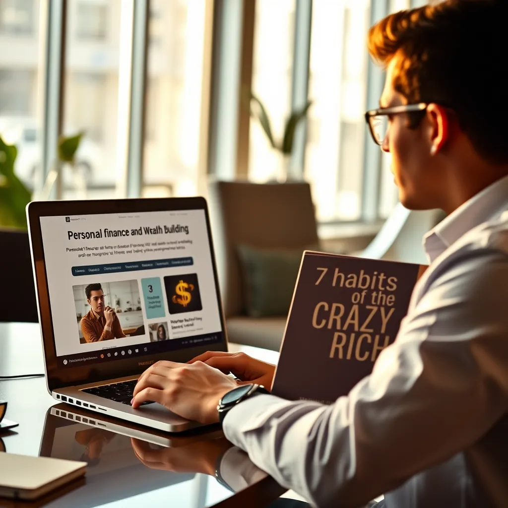 A modern, stylish office setting with a laptop open on a website about personal finance and wealth building. A person in their 20s or 30s, dressed in business casual, is looking intently at the screen, holding a copy of "7 Habits of the CRAZY Rich" in their hand. The scene is bathed in warm, natural light, conveying a sense of ambition and success.