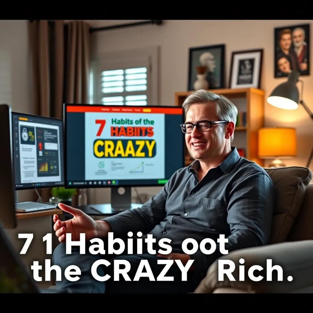A person in a comfortable, home office setting, wearing casual clothing, is creating a video for their blog or social media channel. They are discussing a topic related to the "7 Habits of the CRAZY Rich" eBook, using visuals and infographics to illustrate their points. The video should convey a sense of authenticity, warmth, and expertise.