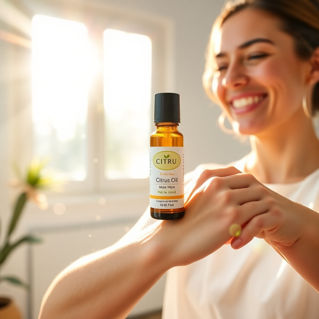 A photorealistic image depicting a bright and airy room with a person smiling contentedly while holding and gently rolling a bottle of citrus-scented essential oil on their wrists. Sunlight streams through a window, illuminating dust motes in the air. The overall mood should be cheerful and vibrant. The rollerball bottle should be centrally located and feature high-quality labeling showcasing the blend's name and scent profile.