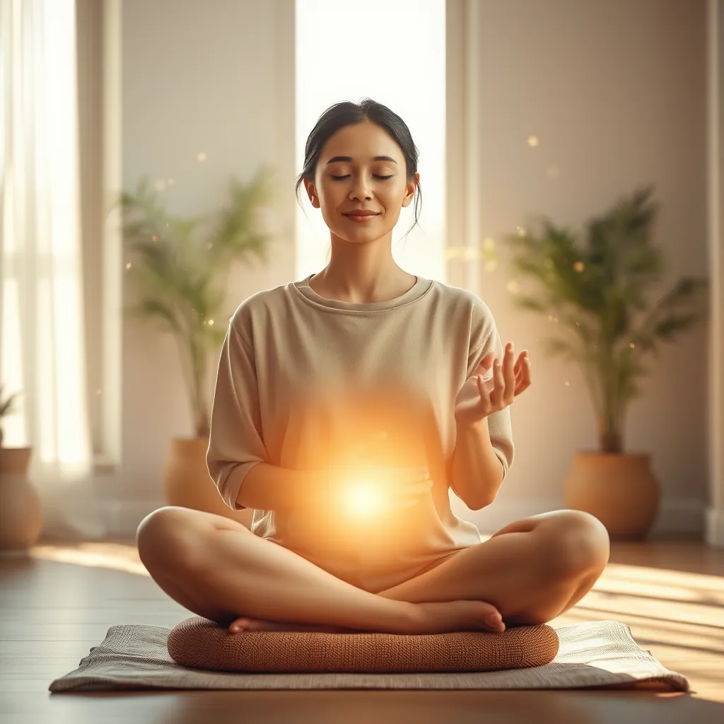 A photorealistic image in 8K resolution depicting a serene and calming scene. A woman, in her late 30s, with a peaceful expression, sits cross-legged on a meditation cushion in a sunlit, airy room. Soft, warm sunlight streams through a large window behind her, illuminating dust motes dancing in the air. The room is decorated in a minimalist style with natural elements such as bamboo plants and a wooden floor. The woman's hands are resting on her lap, radiating a gentle, golden light that emanates from her fingertips and extends outwards in a soft, ethereal glow. The composition is centered on the woman, with the background blurred to emphasize her and the energy radiating from her hands. The image should capture a sense of tranquility and well-being, conveying the restorative power of energy healing. The overall mood is serene and optimistic, emphasizing the positive effects of the therapy.