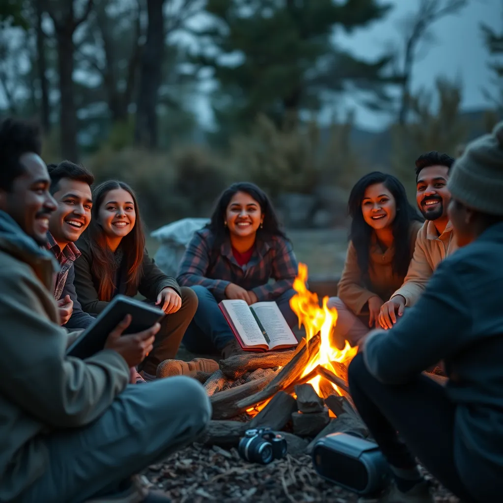 A photorealistic image of a diverse group of people sitting around a campfire, listening intently to an audiobook played on a portable speaker. The people are engaged, smiling, and enjoying the experience. The setting should be natural and inviting, representing a diverse audience and a sense of community.