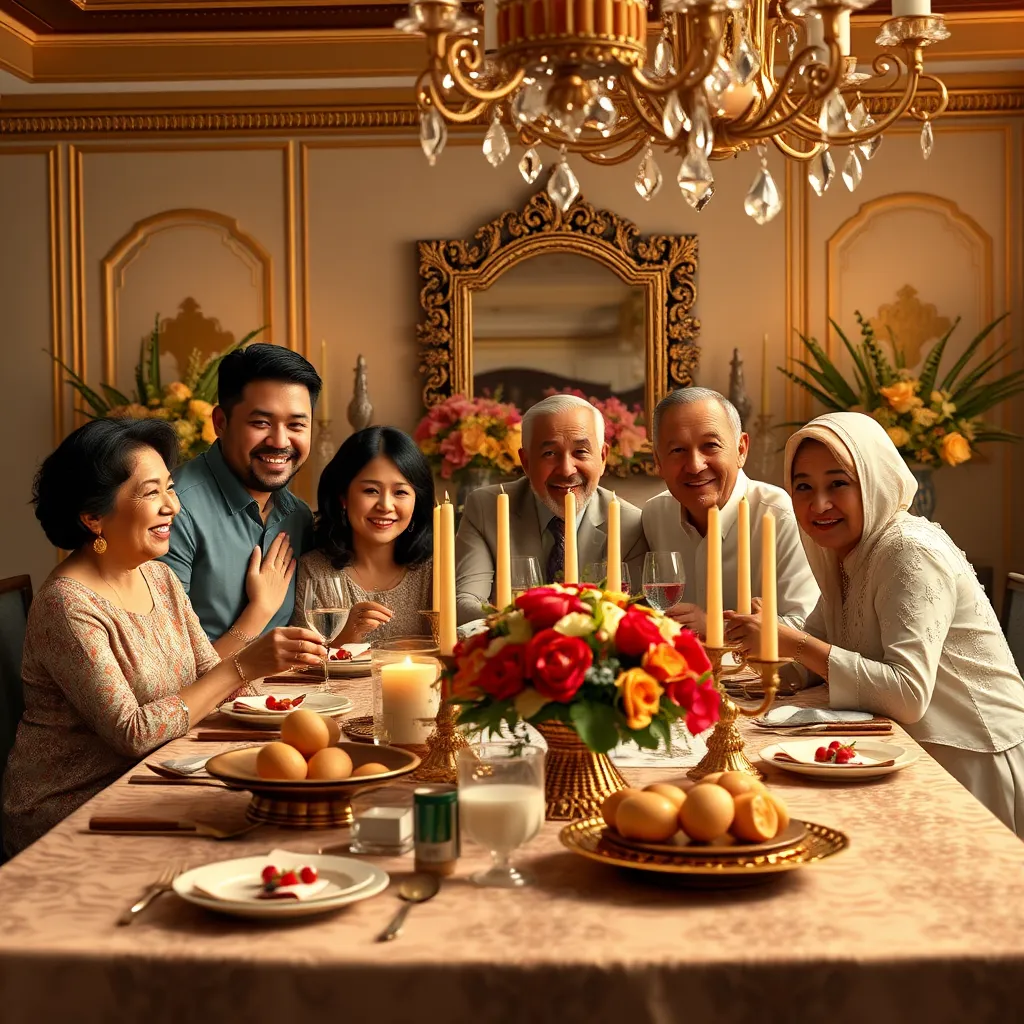 A photorealistic image of a family celebrating around a beautifully decorated table, surrounded by luxurious decor and a vibrant atmosphere, showcasing the theme of generational wealth and abundant lifestyle.