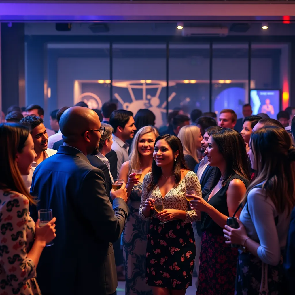 A photorealistic image of a group of diverse people networking and socializing at a cocktail party. The scene is vibrant and energetic, with people engaged in conversations and enjoying each other's company. The image should convey a sense of connection, collaboration, and shared success.
