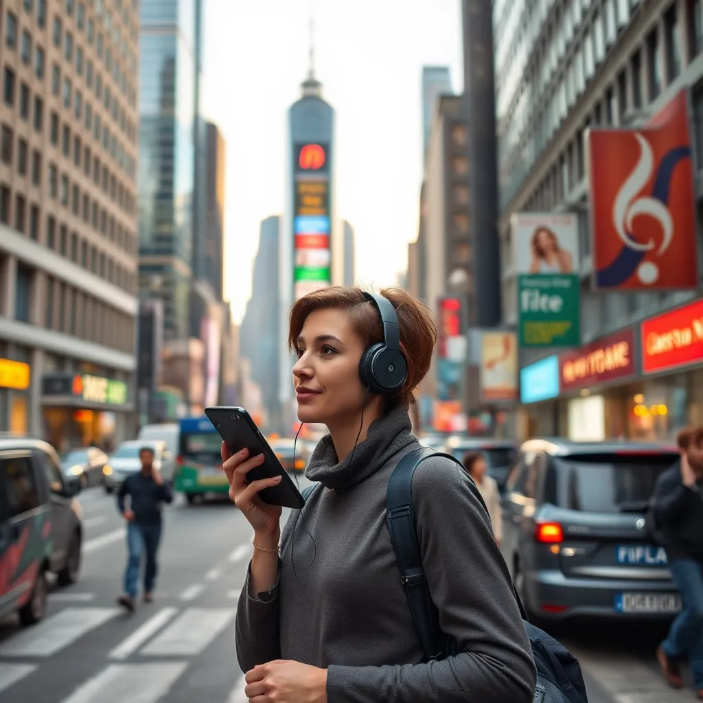 A photorealistic image of a person walking down a busy street, listening to an audiobook on their smartphone. The person should be wearing headphones and appear relaxed and engaged with the content. In the background, there should be a bustling city environment with towering buildings and busy traffic. The scene should convey the idea of accessibility and convenience.
