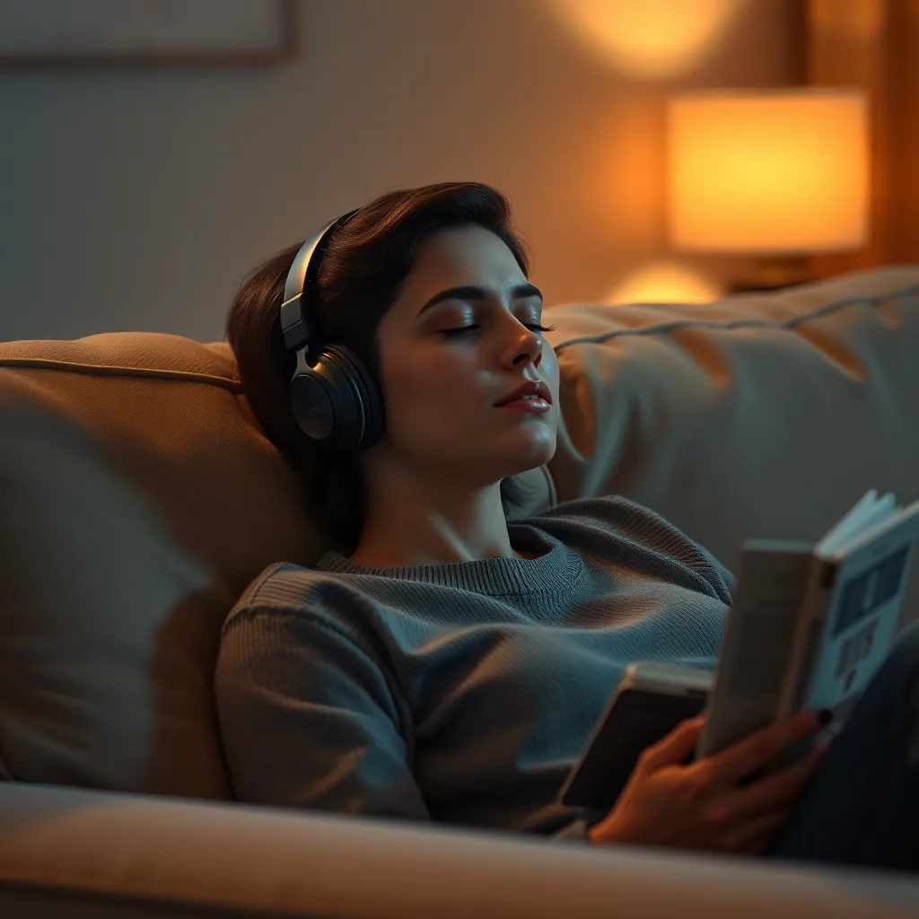 A photorealistic image of a person sitting comfortably on a sofa, eyes closed, listening to an audiobook with a serene expression. The person is surrounded by soft lighting, creating a cozy and inviting atmosphere. The image should convey the idea of deep engagement and relaxation.