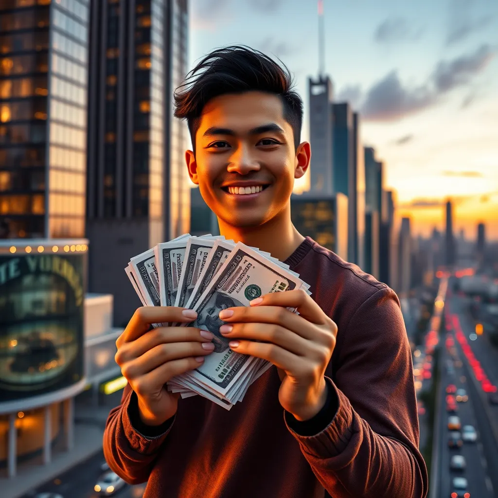 A photorealistic image of a person holding a stack of money with a confident smile, while standing in front of a luxurious cityscape at sunset. The background should be a vibrant cityscape with skyscrapers and bustling traffic, showcasing the feeling of success and financial freedom.