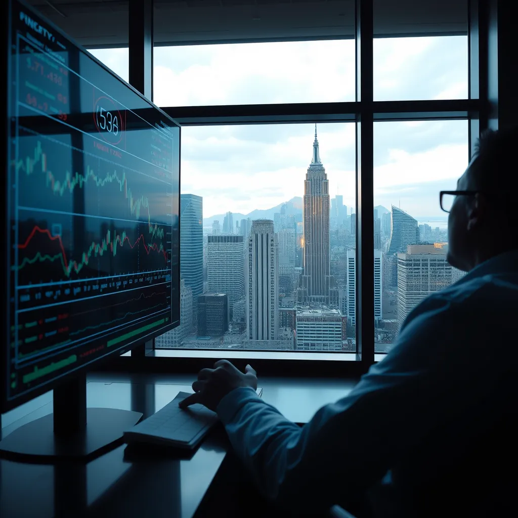 A photorealistic image of a person reviewing financial charts and graphs on a large screen, with a cityscape of skyscrapers reflecting in the window. The image should convey a sense of analysis, strategy, and successful investing.
