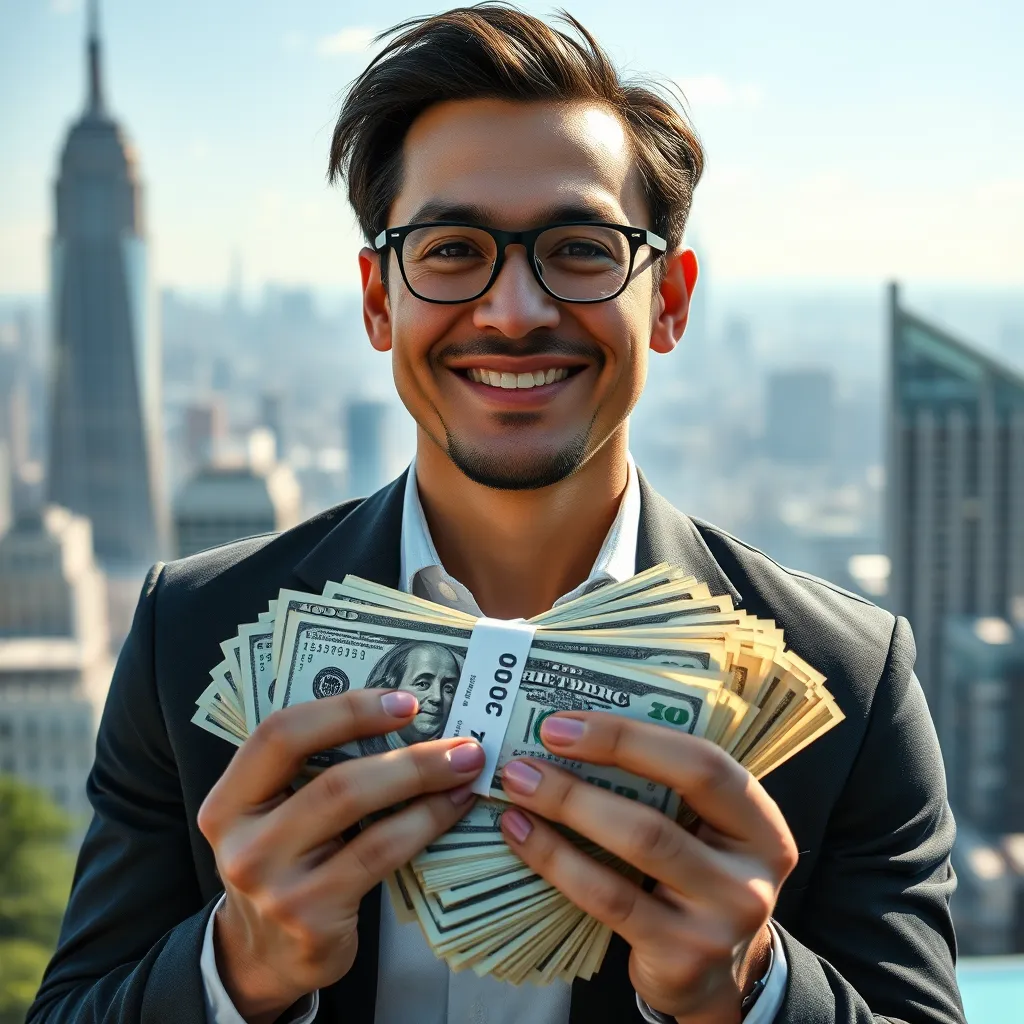 A photorealistic image of a person holding a stack of money with a cityscape backdrop, symbolizing financial success and prosperity. The person is smiling and looking confident, wearing stylish attire. The image should convey a sense of wealth and achievement.