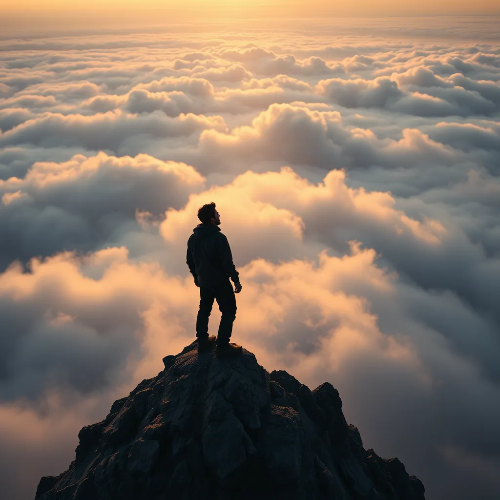 A photorealistic image of a person standing on a mountain top, looking towards the horizon with a determined expression. The person is surrounded by fog and clouds, symbolizing overcoming challenges and reaching new heights. The image should convey a sense of ambition, determination, and perseverance.