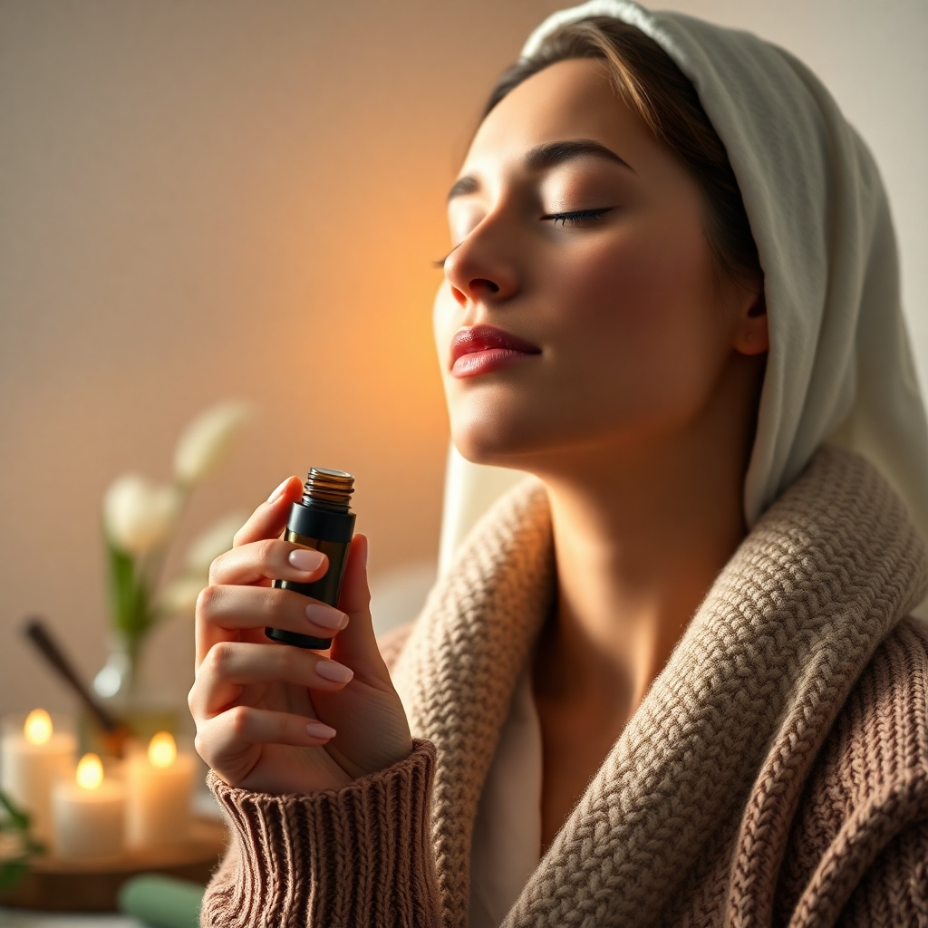 A photorealistic image of a person gently holding an essential oil roll-on bottle near their nose, inhaling the aroma deeply with their eyes closed. The background should be calm and inviting, creating a spa-like atmosphere. The image should focus on the calming effect of inhaling the essential oils.