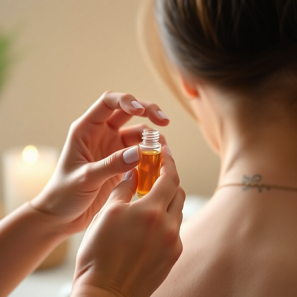 A photorealistic image of hands gently applying a clear essential oil roll-on to a tense-looking temple or shoulder. The background is blurred and calming, possibly a spa-like setting.  The roll-on bottle is visible, and the focus is on the soothing action of the application. The image needs to convey relief and relaxation.