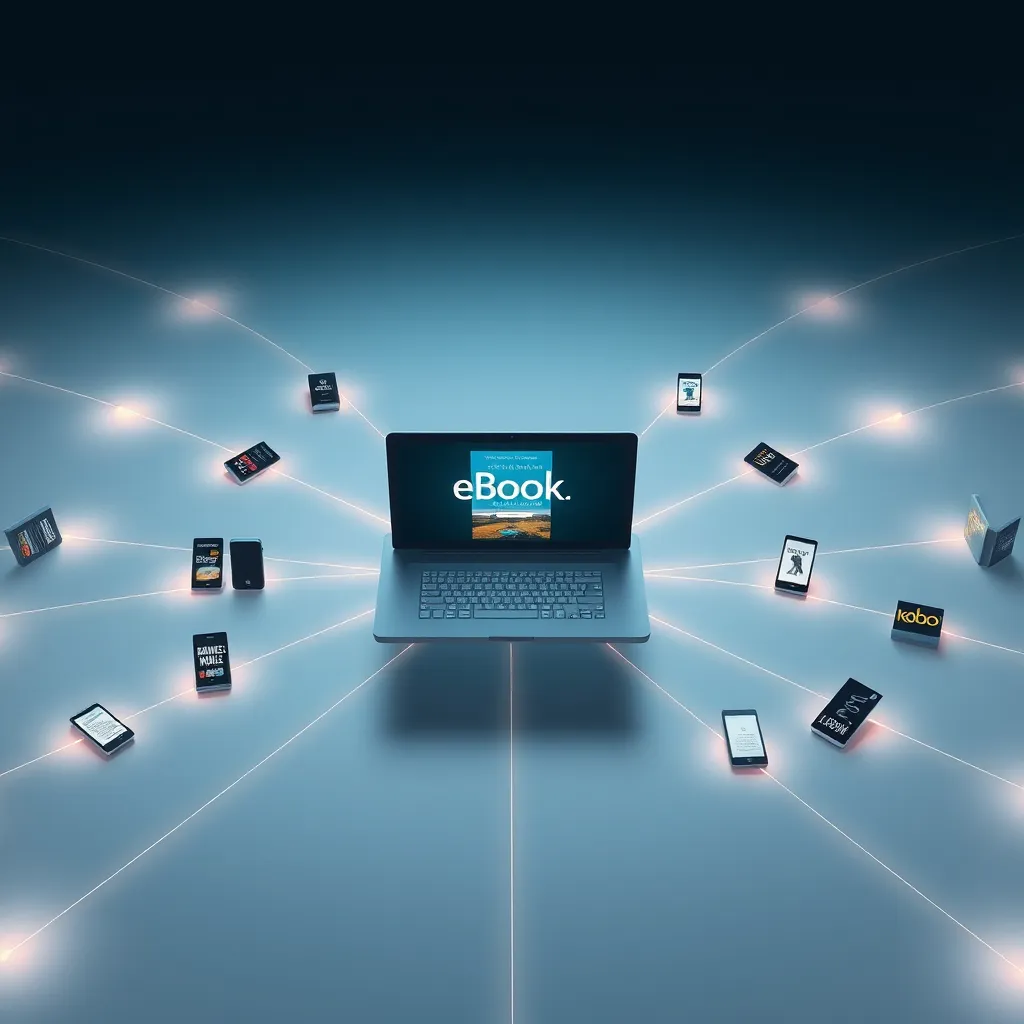A serene and expansive image depicting the seamless distribution of the eBook. The primary focus is a central platform or website showcasing the eBook cover prominently. Surrounding the platform are various digital bookstores and online retailers, such as Amazon Kindle, Barnes & Noble Nook, and Kobo. The platform is connected to each retailer by flowing lines representing a smooth distribution process. The lighting is soft and diffused, creating a sense of calm and efficiency. The color palette is cool and inviting, reflecting the ease of access and distribution.  Capture the image from a high-angle perspective, providing a panoramic view of the interconnected distribution network. Render the image in a detailed and elegant style, emphasizing the user-friendly interface and the vast reach of the eBook distribution platform.