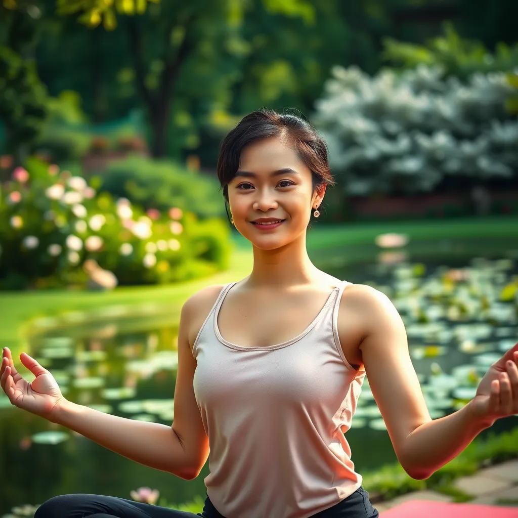 A serene outdoor scene with a person engaged in a yoga pose in a lush green park. The background features a tranquil pond with blooming flowers. The person's expression is calm and peaceful, radiating vitality.