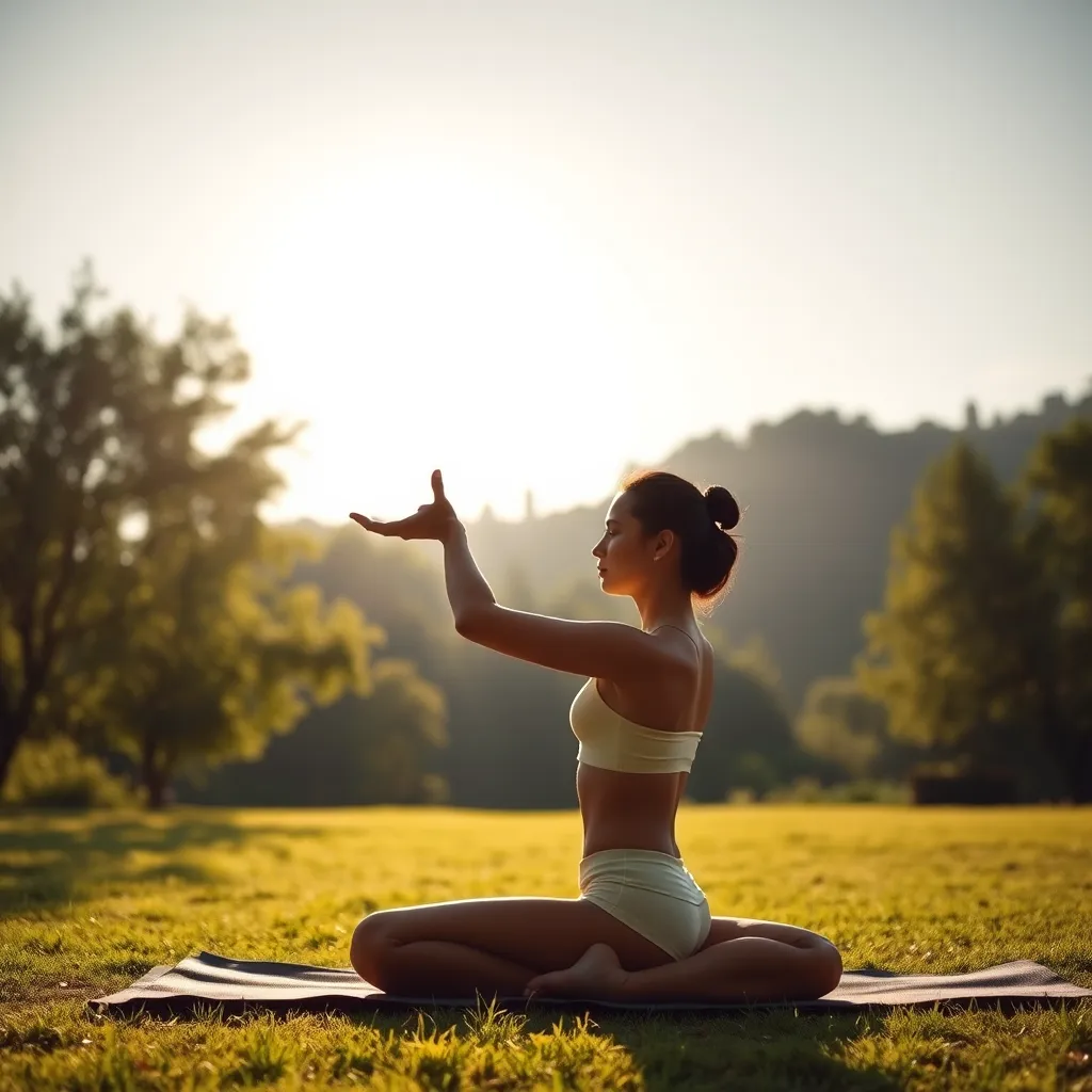 A serene scene of a person practicing yoga in a peaceful outdoor setting. The person is in a graceful pose, surrounded by lush greenery and soft sunlight. The image should evoke a sense of calm, peace, and harmony, emphasizing the interconnectedness of mind and body.
