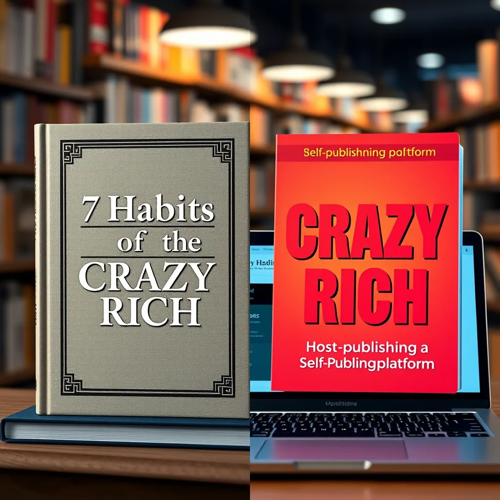 A split screen image. On one side, a classic, elegant book cover with the title "7 Habits of the CRAZY Rich" and a traditional publishing house logo. On the other side, a vibrant, modern book cover with the same title, but featuring a self-publishing platform logo. Both covers are surrounded by a blurred background of a bustling book store and a laptop with a publishing software open.