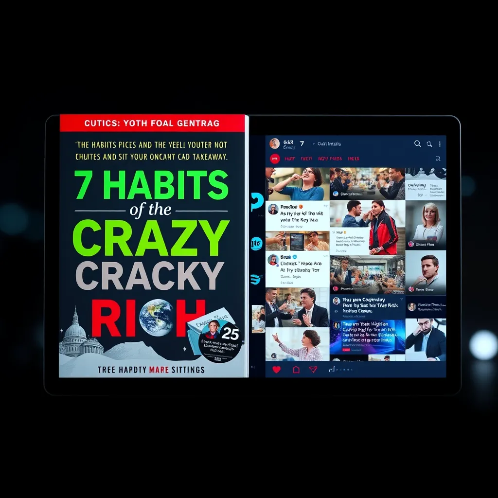 A split-screen image showing the cover of "7 Habits of the CRAZY Rich" eBook on one side and a lively social media feed on the other. The feed should showcase engaging content like quotes from the book, user reviews, and visuals that highlight the book's key takeaways. The image should convey the power of social media in promoting the book.