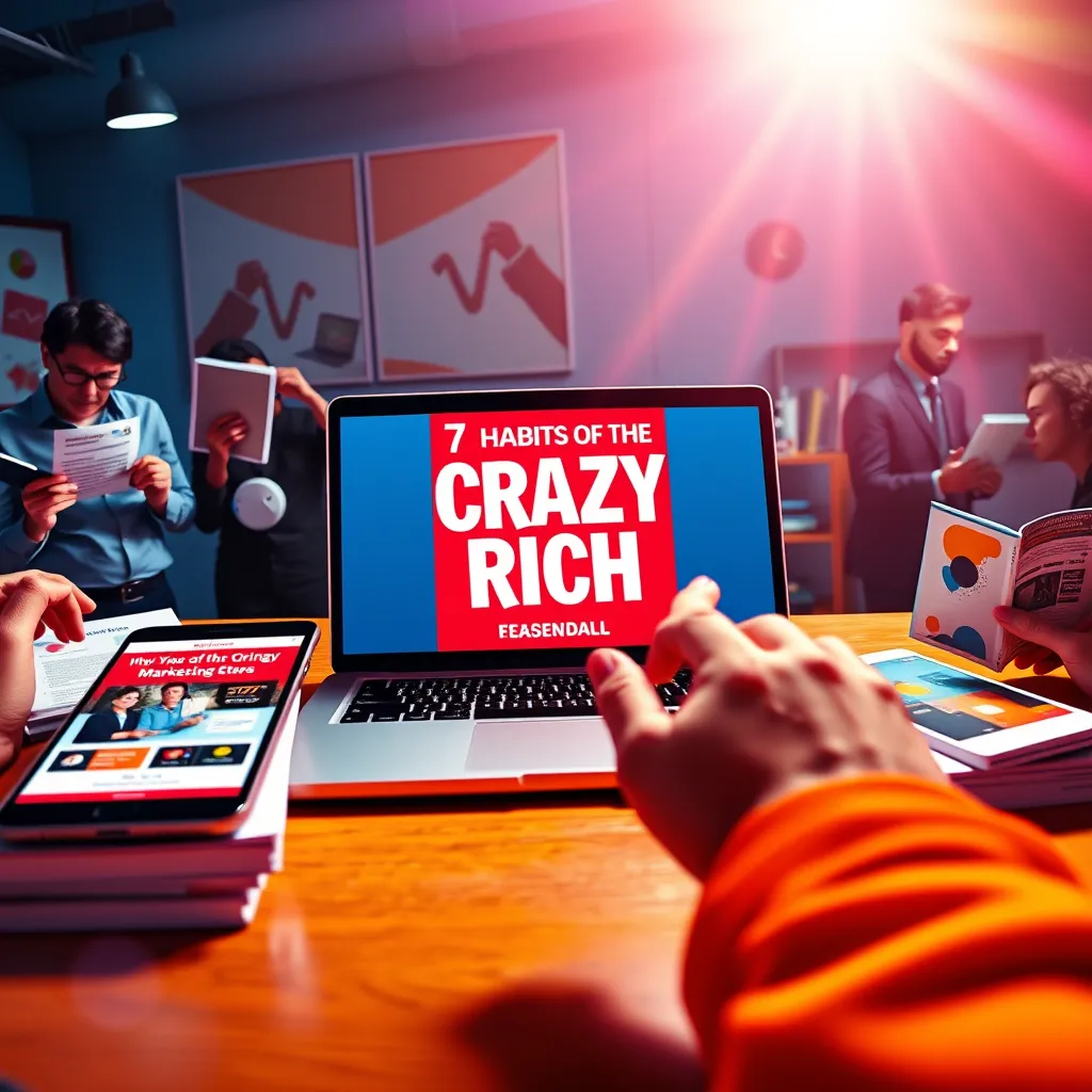 A vibrant, energetic image depicting a multi-faceted marketing campaign. The central focus is a laptop screen showcasing an engaging ad for the eBook "7 Habits of the CRAZY Rich" on a popular social media platform. Surrounding the laptop are other elements representing various marketing strategies: a smartphone displaying a targeted email, a tablet showing an online banner ad, a stack of printed brochures, and a team of professionals collaborating on a marketing plan. The lighting is bright and energetic, emphasizing the dynamic nature of the campaign.  The color palette is bold and vibrant, reflecting the excitement and potential of the eBook launch. Capture the image in a dynamic composition with a wide-angle lens, emphasizing the interconnectedness of the various marketing channels.  Render the image in ultra-high quality, showcasing the intricate details of each element and creating a sense of visual excitement and engagement.