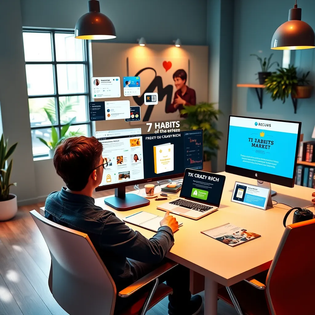 A vibrant, modern office setting with a person sitting at a desk, using a laptop to manage social media posts promoting their eBook "7 Habits of the CRAZY Rich." The image should depict various social media platforms, an email marketing dashboard, and a website landing page promoting the eBook. The overall atmosphere should be energetic and focused on digital marketing strategies.