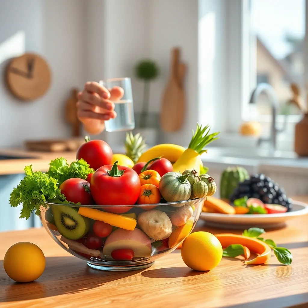 A vibrant and colorful bowl filled with fresh, organic fruits and vegetables, placed on a wooden table in a sunlit kitchen. A person is holding a glass of water, signifying hydration, with a plate of nutritious food in the background.