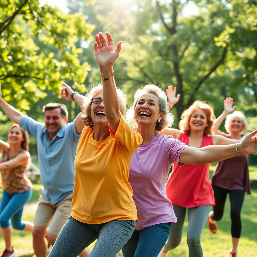 A vibrant and energetic image showcasing a group of diverse individuals, ranging from their 20s to their 60s, engaged in an outdoor energy-boosting exercise session. The scene is set in a lush park, with sunlight dappling through the leaves. The individuals are performing various dynamic movements with enthusiasm and joy, their smiles radiating positivity. The focus is on the energy and vitality of the participants, with the backdrop of the park creating a sense of harmony with nature. The colors are bright and cheerful, reflecting the invigorating nature of the exercise. The image captures the spirit of community and empowerment, highlighting the positive impact of the energy-enhancing movements. The camera angle is dynamic, capturing the movement and flow of the exercise session, showcasing the group's energy and passion.