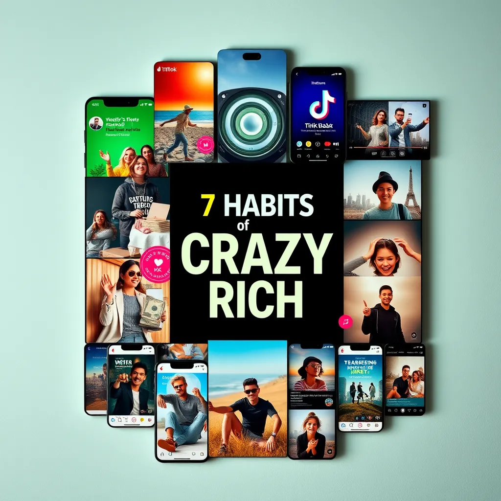 A vibrant collage showcasing various social media platforms like Instagram and TikTok, with a focus on content related to personal finance, wealth building, and lifestyle. The collage should feature engaging videos, stories, and posts highlighting the "7 Habits of the CRAZY Rich" eBook and its key strategies.
