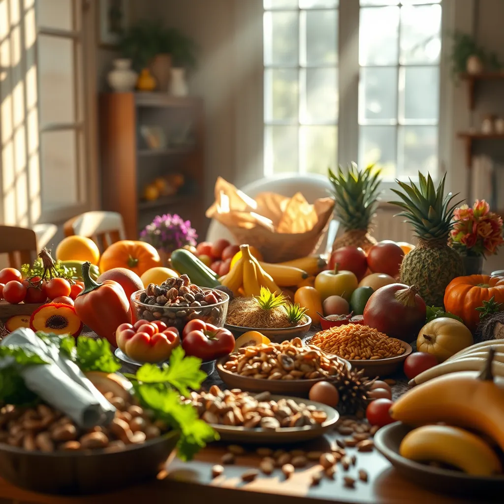A vibrant table setting with an assortment of colorful fruits, vegetables, nuts, and seeds, arranged beautifully. Sunlight streams in through a window, illuminating the scene. There is a sense of abundance and nourishment.