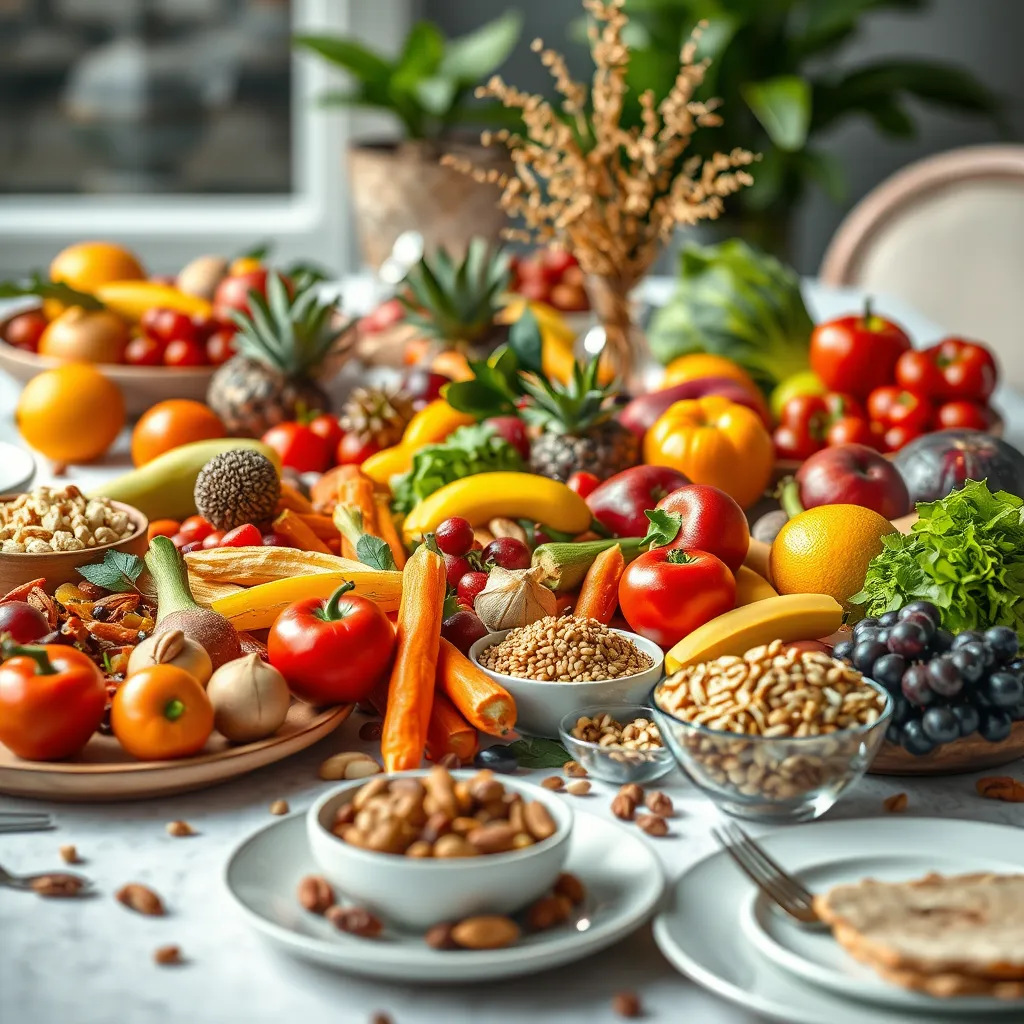 A vibrant table setting with a variety of colorful fruits, vegetables, whole grains, and nuts. The food is arranged beautifully, showcasing the natural beauty of healthy ingredients. The table is set with elegant plates and silverware, creating a sense of well-being and nourishment. The image should have a warm and inviting atmosphere, highlighting the connection between healthy food and a healthy lifestyle.