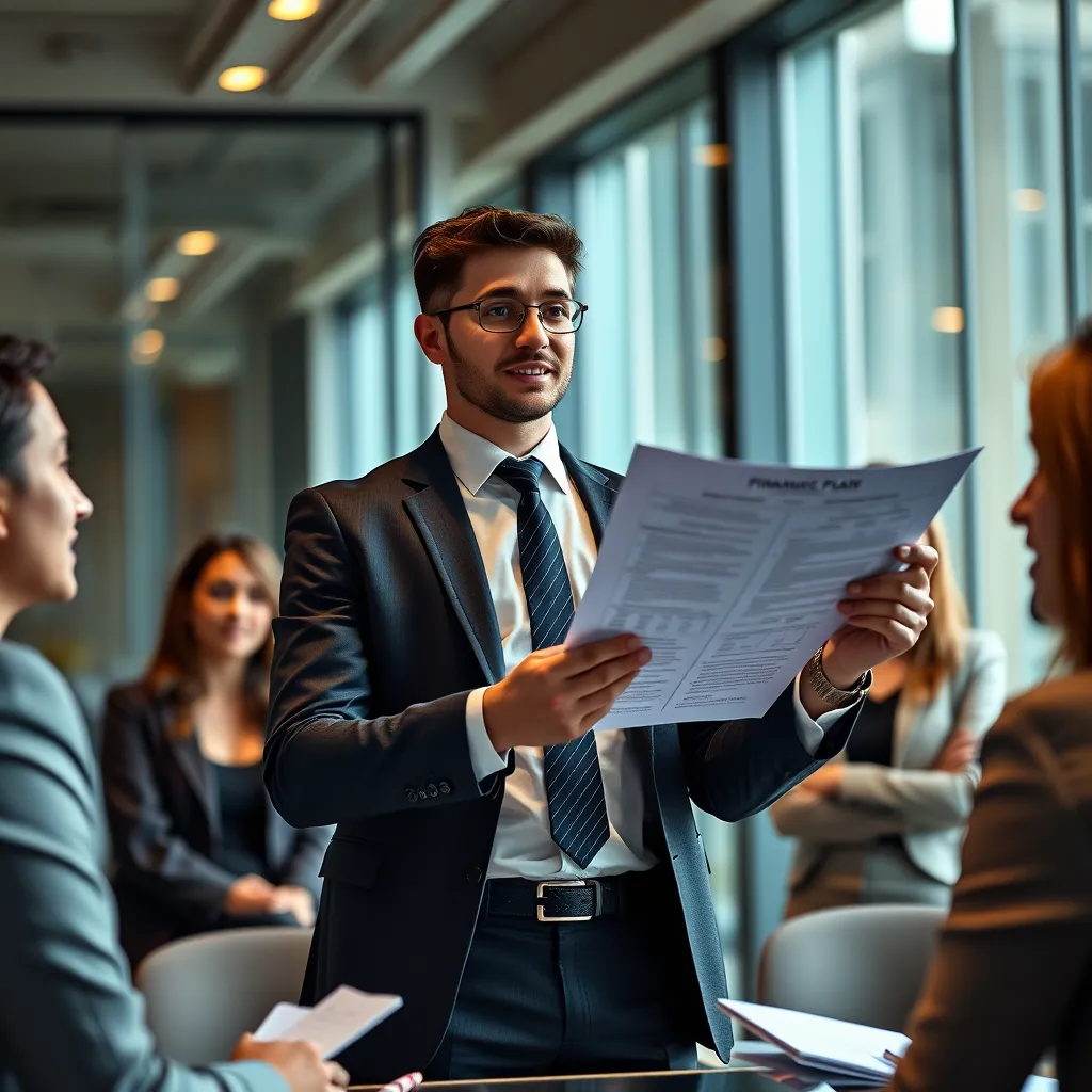 A young professional, dressed in business attire, confidently presenting a financial plan to a group of peers in a stylish office space. The image should convey a sense of confidence, progress, and financial success.