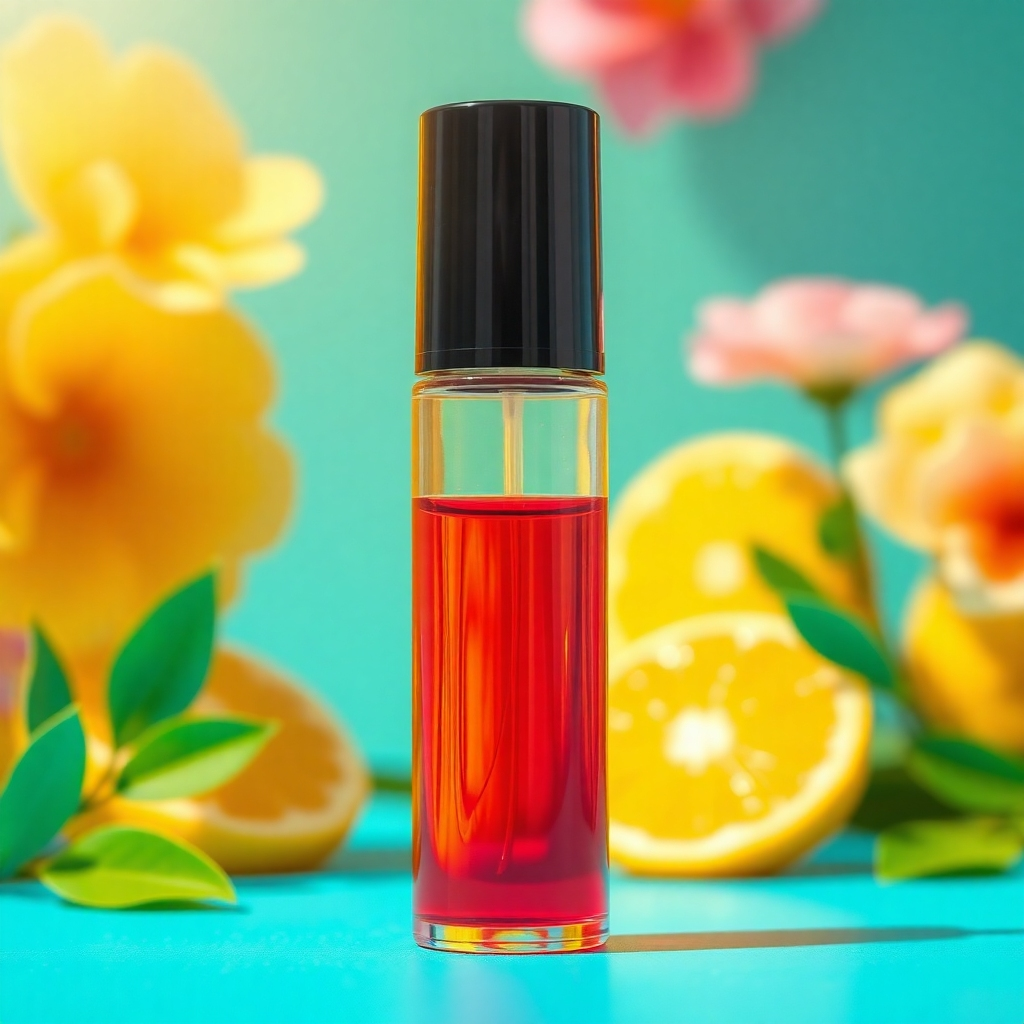 An image of a vibrant, colorful roll-on bottle with bright citrusy and floral elements in the background.  The scene should be bright and cheerful, perhaps showcasing a sunny outdoor setting.  The roll-on bottle is in sharp focus, reflecting light and suggesting a joyful energy.  The image should feel uplifting and happy.