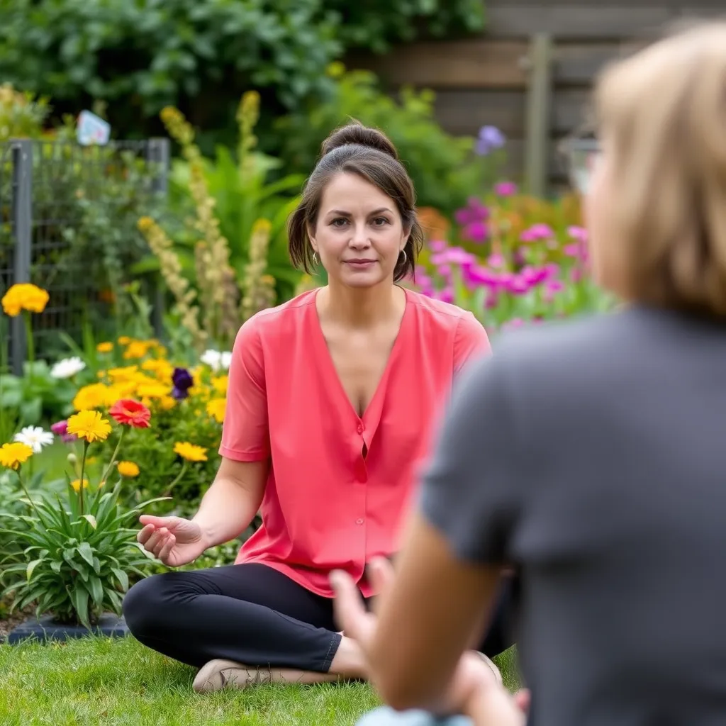 A person sitting in a yoga pose in a serene garden, surrounded by lush greenery and sunlight, with a peaceful expression on their face, focusing on their breath and connecting with their body.