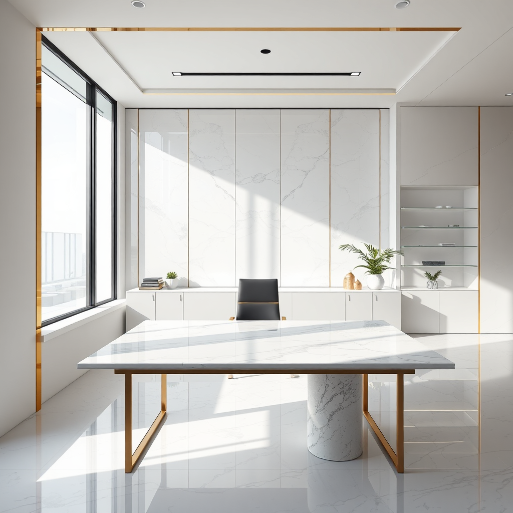Hero visual: luxury modern workspace with gold chrome accents