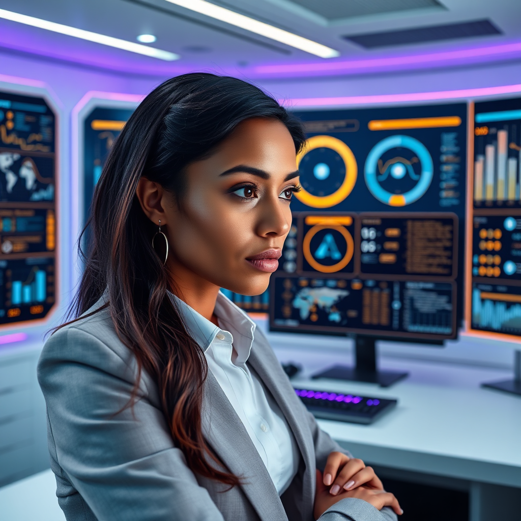 Mixed-race woman reviewing AI command center