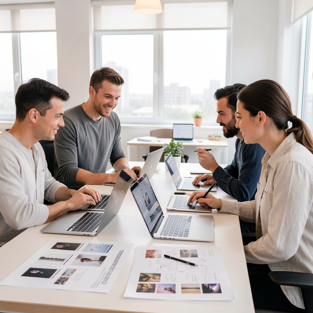 Équipe éditoriale moderne en espace de travail lumineux
