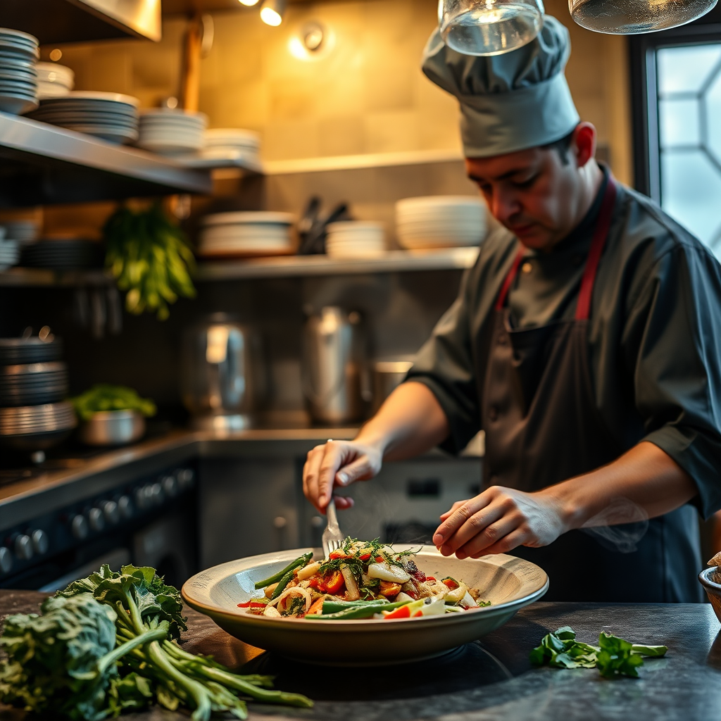 A chef in a restaurant kitchen using Oluyori Green Farm's vegetables to prepare a dish. Focus on the freshness and quality of the ingredients, along with the creativity and skill of the chef. Warm, inviting lighting. 4K resolution.