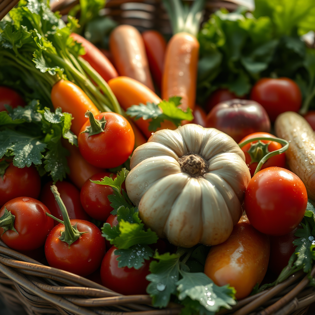 A close-up shot of a basket overflowing with freshly harvested vegetables, glistening with morning dew. The focus is on the freshness and vibrancy of the produce. Soft, natural lighting. 4K resolution.