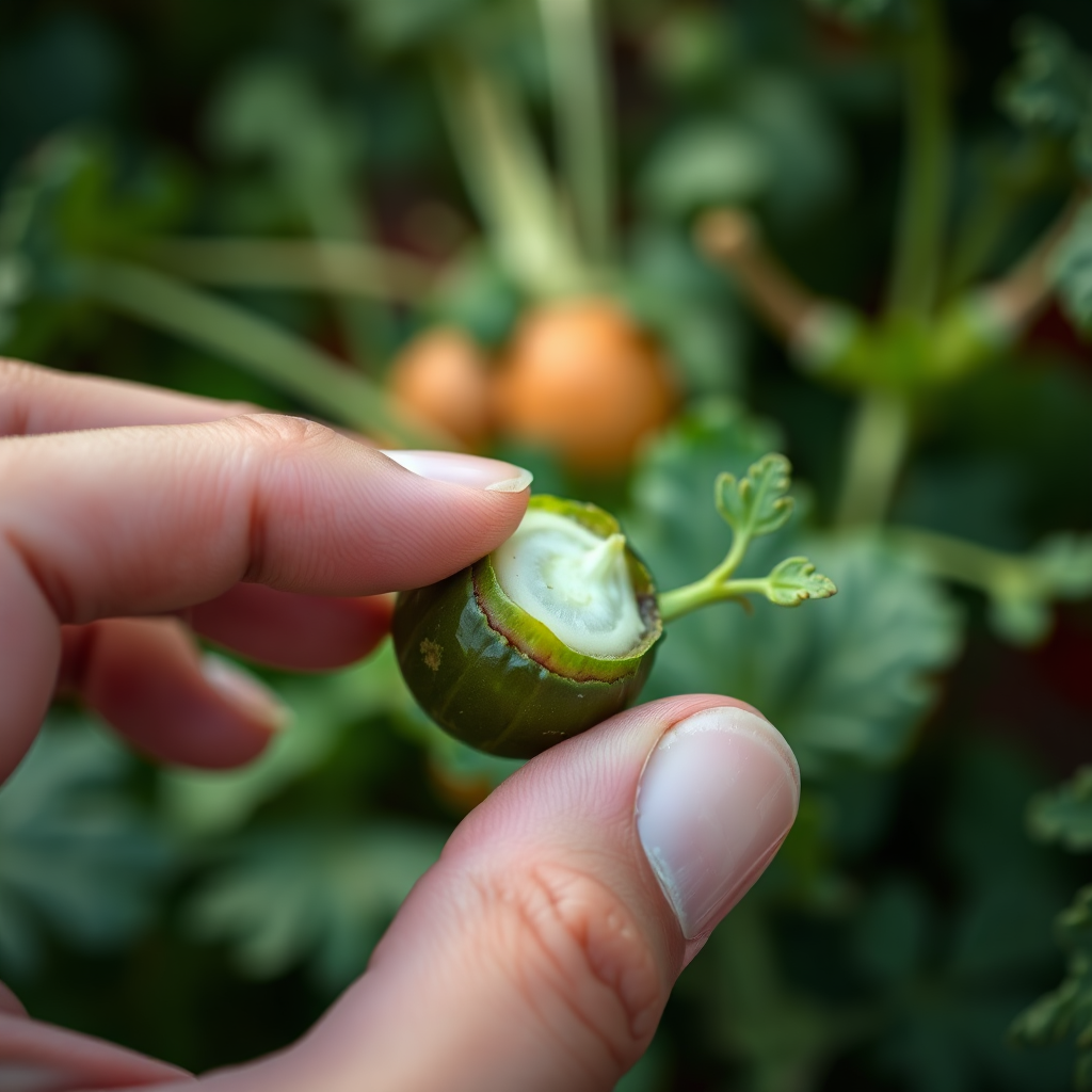 A close-up shot of a hand gently holding a freshly picked vegetable, examining its quality and freshness. The image conveys a sense of care, attention to detail, and commitment to excellence. Natural lighting. 4K resolution.