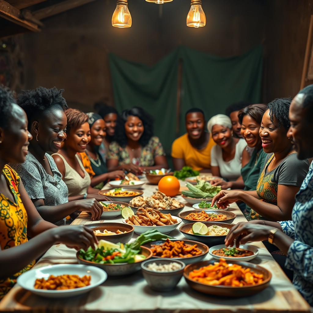 A diverse group of people gathered around a table laden with dishes made from Oluyori Green Farm's produce. The scene is filled with laughter and conversation, highlighting the cultural exchange fostered by the farm. Warm, inviting lighting and vibrant colors. 4K resolution.